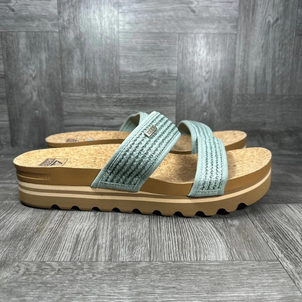 Reef Cushion Vista Hi Sandals Womens 12 Sage Green Woven Platform Slide NEW